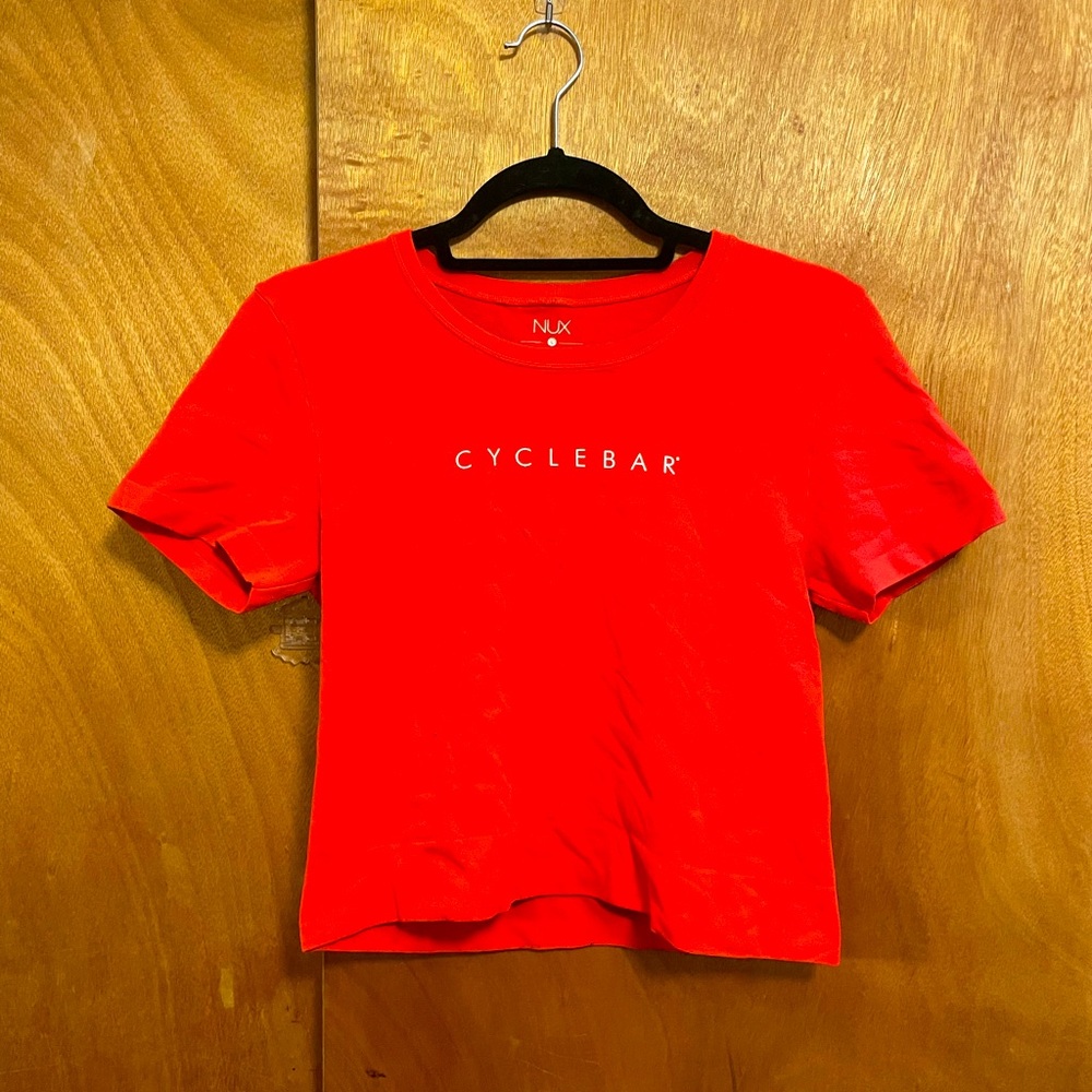 CycleBar NUX red slightly cropped T-shirt super stretchy fitted